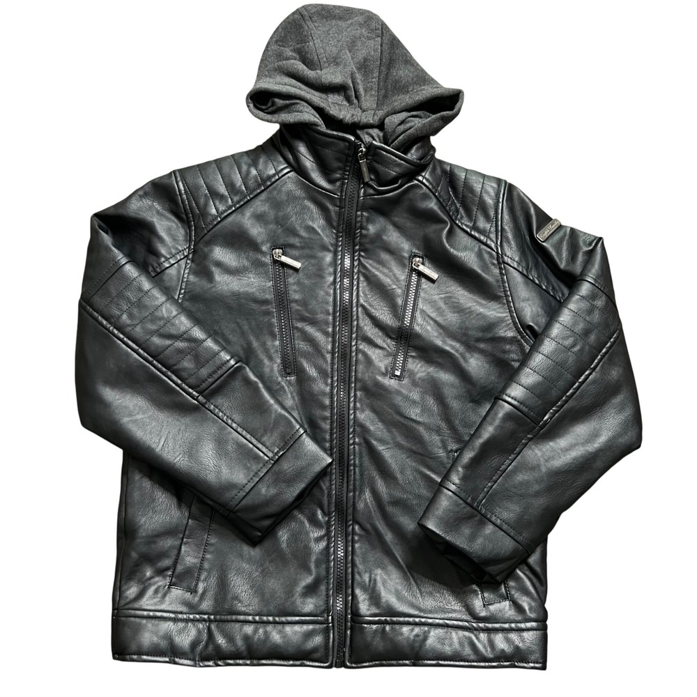 English Laundry Black Faux Leather Moto Jacket Gray Hooded‎ - Women's Medium